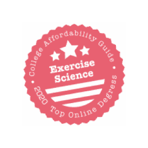 Image of badge reading "College Affordability Guide 2020 Top Online Degrees, Exercise Science"