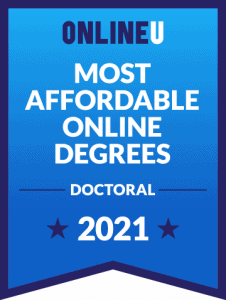 Badge that reads, "OnlineU Most Affordable Online Degrees Doctoral 2021"