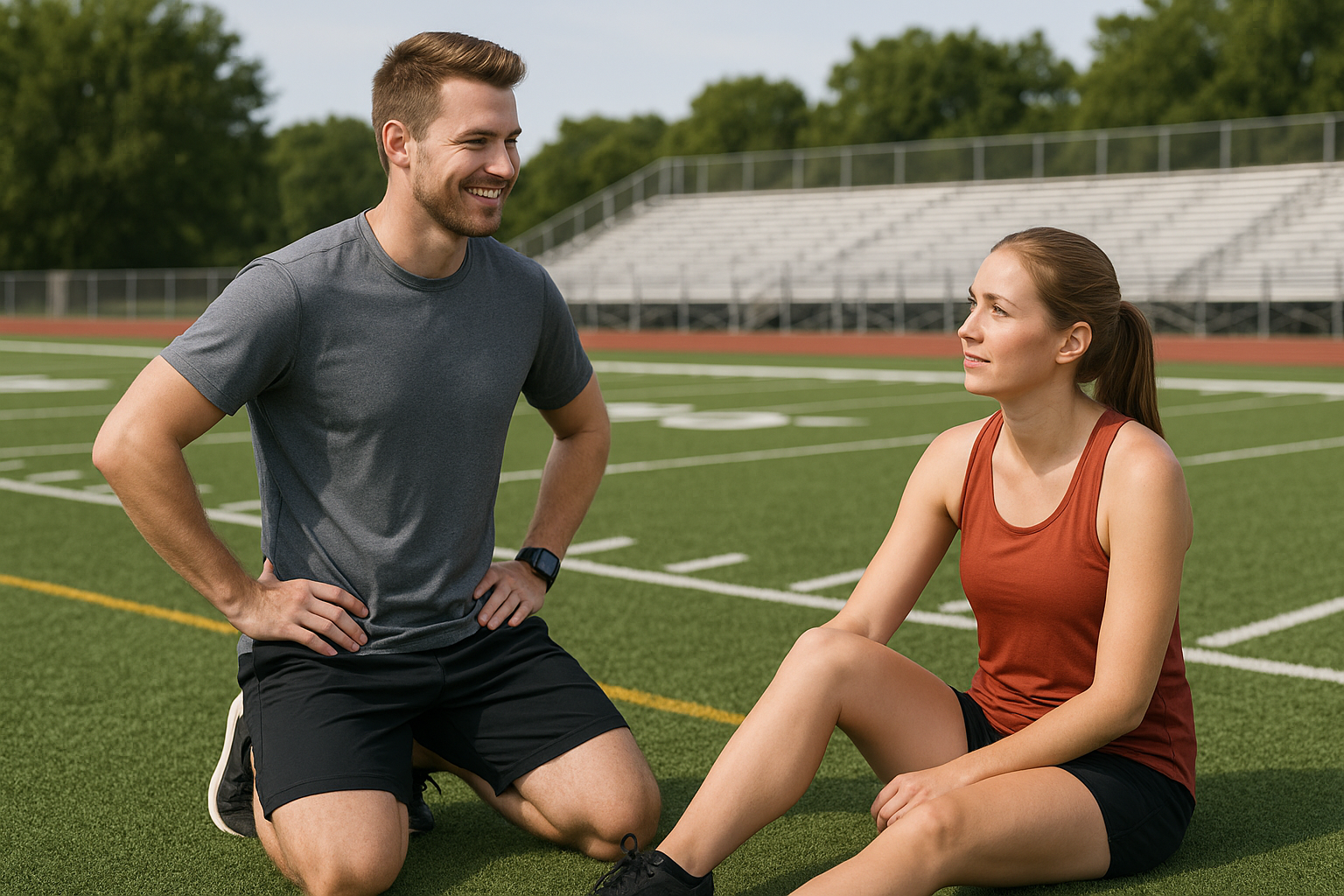 Male and female kinesiology students talking after a workout on an outdoor sports field